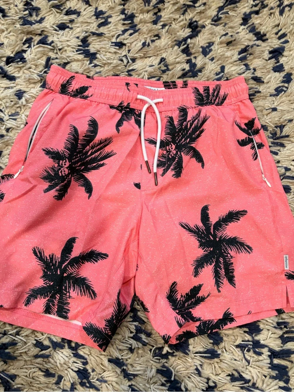 Coral Palm-Print Men's Swim Trunks with Drawstring Waist lined size small